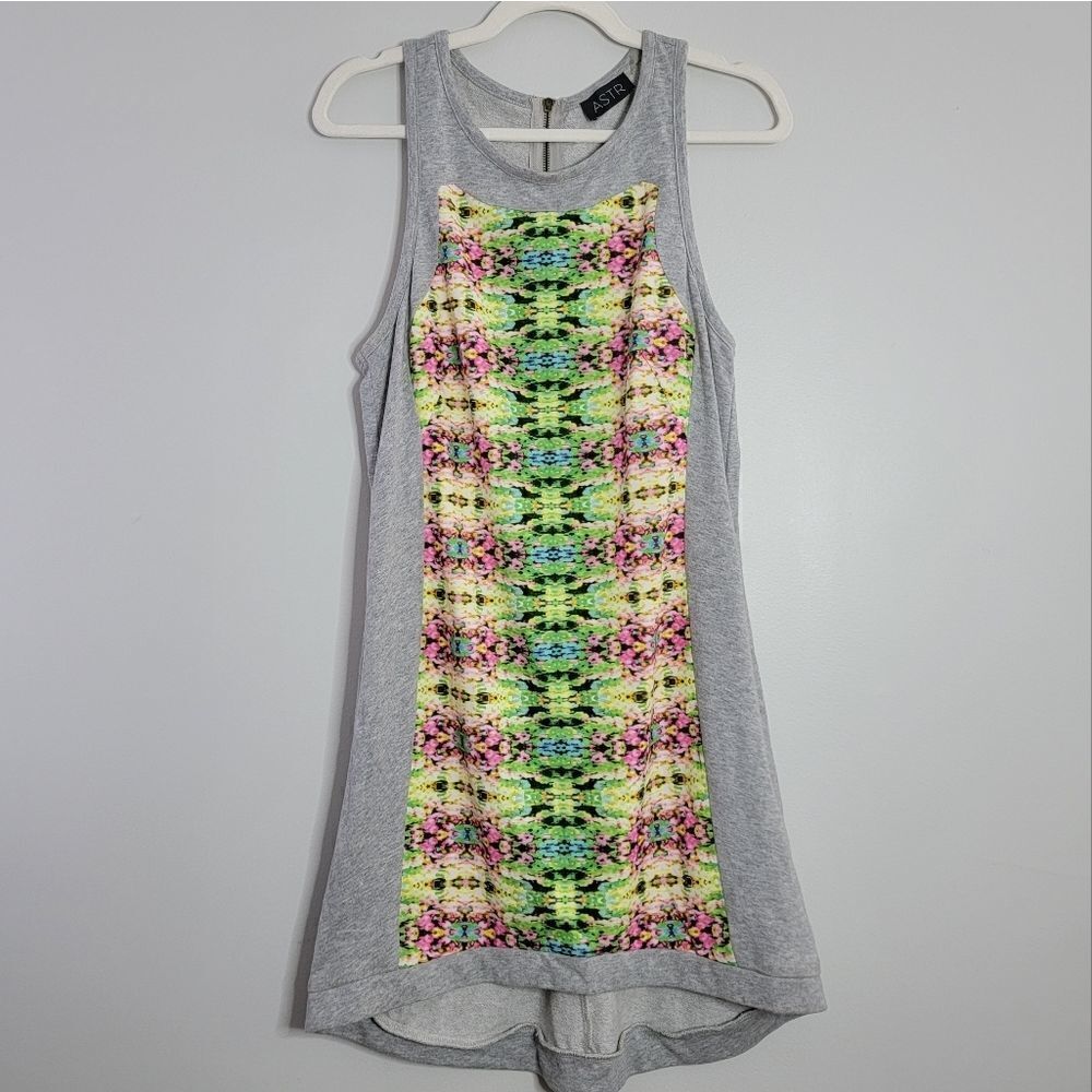 ASTR Sleeveless Tank Dress Large Gray Neon Abstract Print Shift Mini Dress